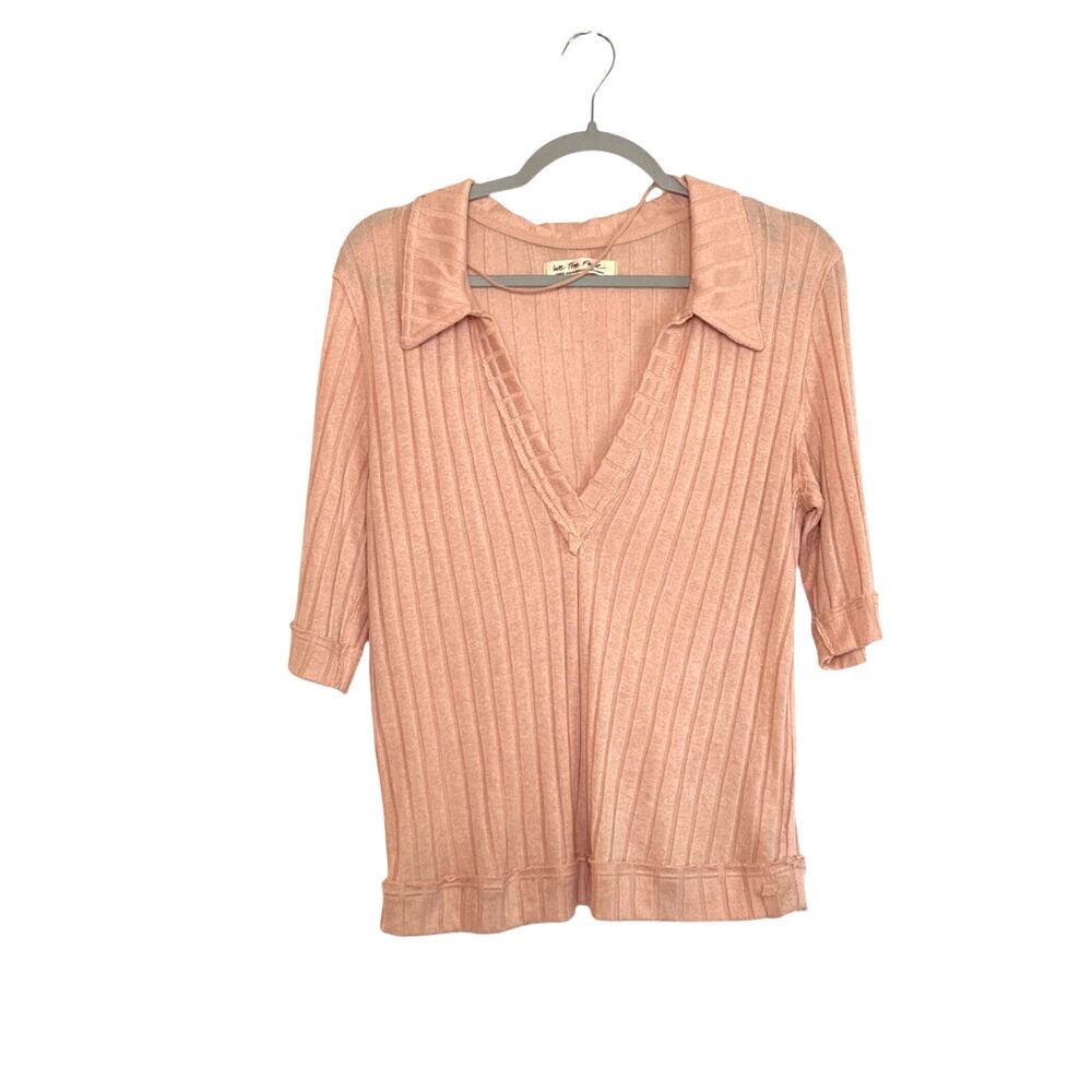 We The Free Krystal Ribbed Knit Short Sleeve Polo Tee Size Large Petal Pink Boho